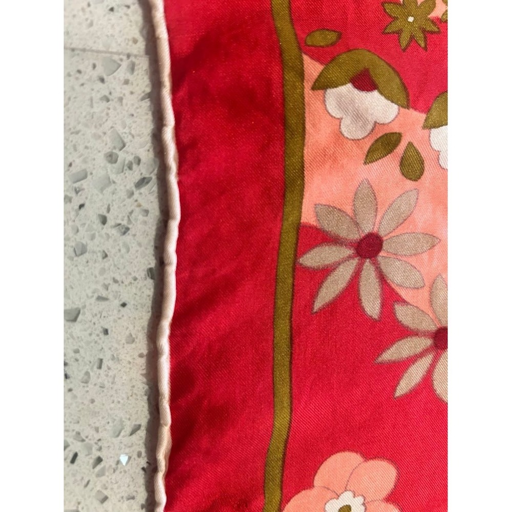 Vibrant Vintage Floral Silk Scarf Red Pink Tan Square Neck Scarf Accessory Mod - Picture 8 of 13